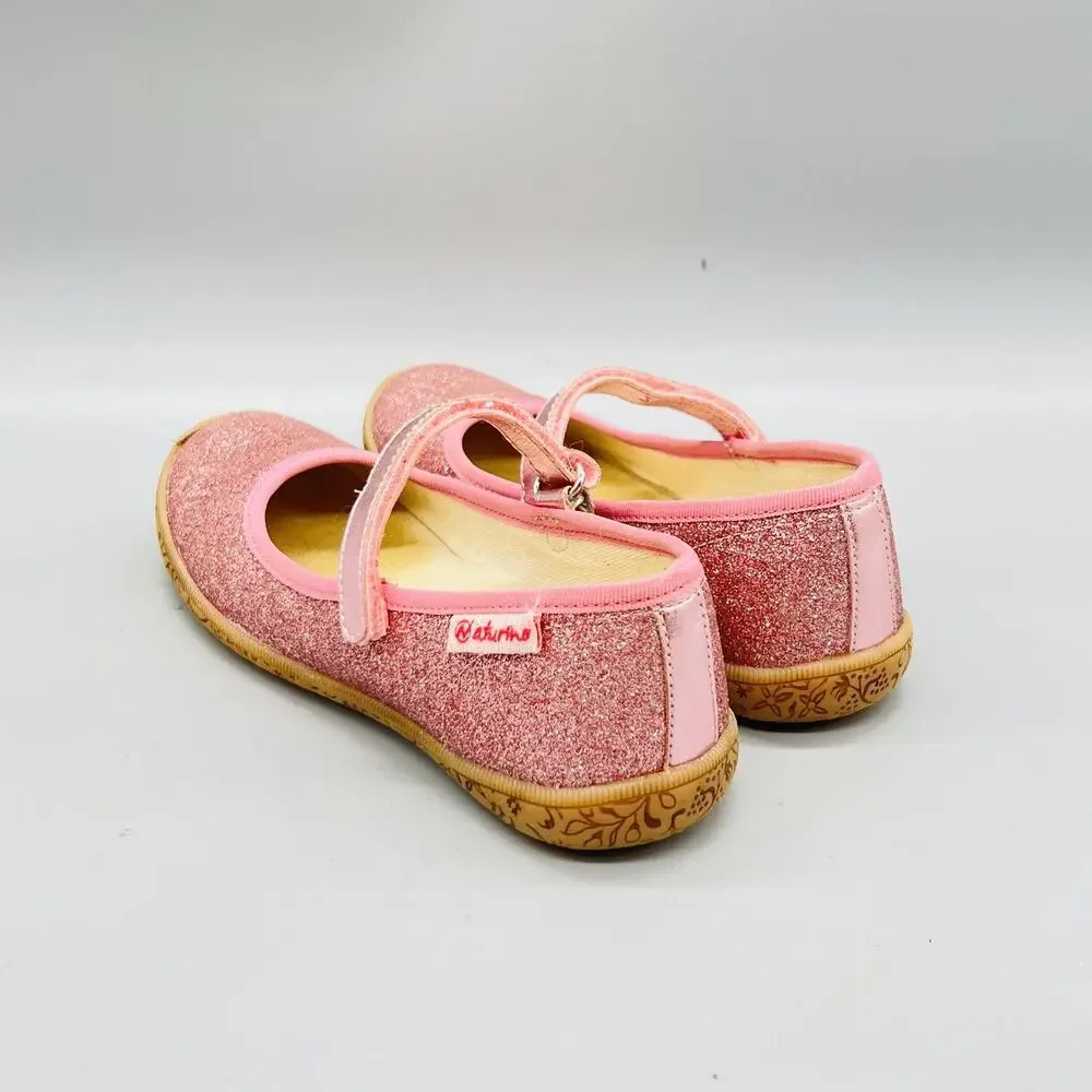 Naturino Shoes Girls 13 Pink Glitter Mary Jane Hook & Loop Strap Flats Casual